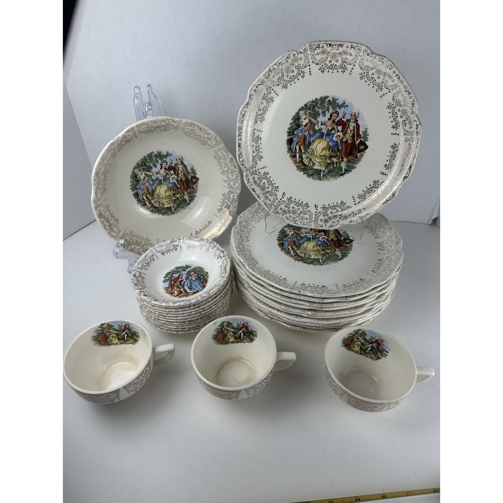 (Set of 28 PCS)-French Saxon China~UNION Made U.S.A.~22 KT Gold Cottage Set